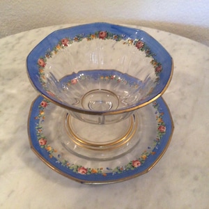 Antique Beautiful Glass Mayonnaise Dish Bowl & Underplate. Enameled Handpainted Roses On Blue Band Rim And Gold Trim. Unmarked. From 1900’s.