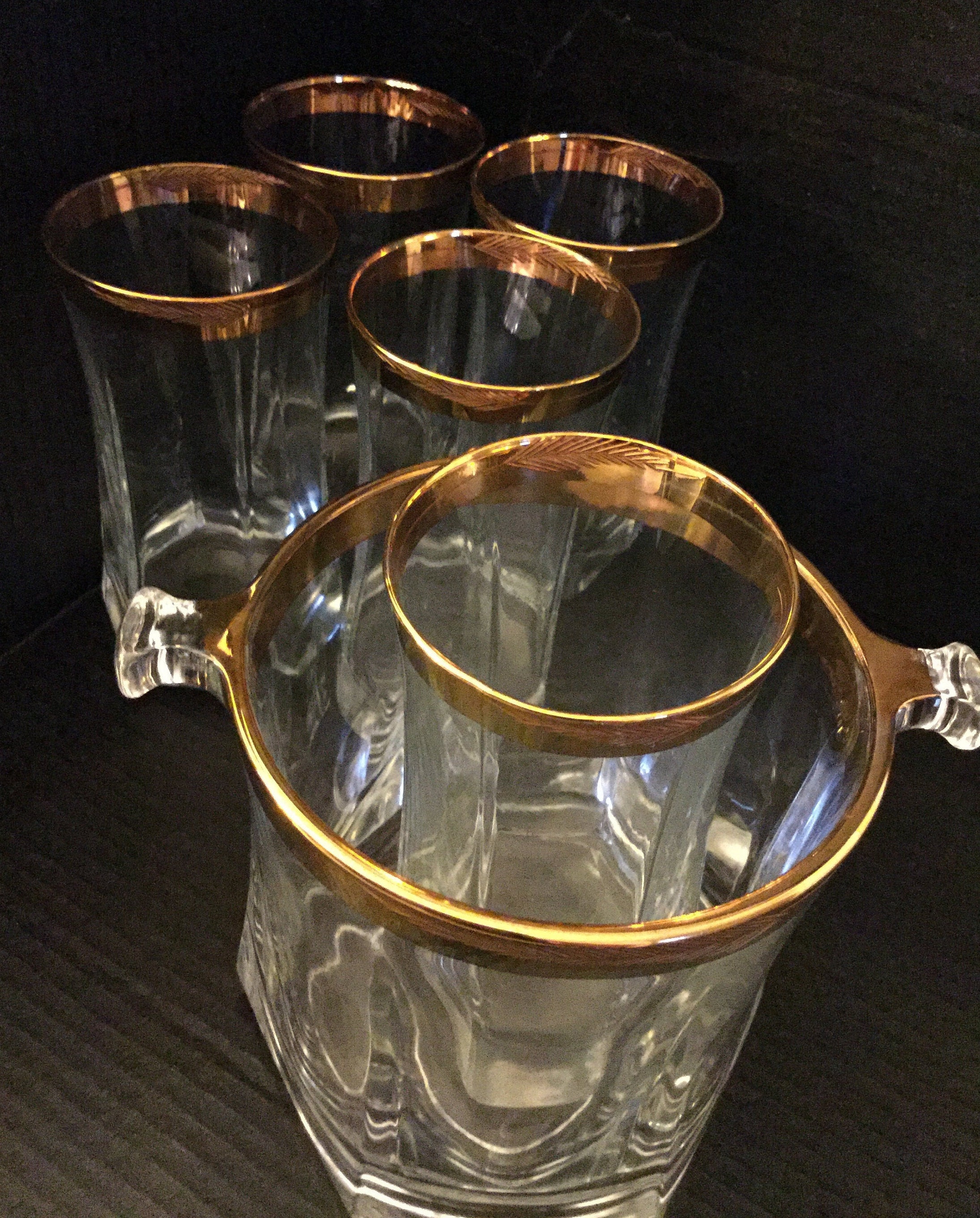 Vintage Stunning Italian Glass Six (6) Pieces Drinking Set. Hexagonal (six  Sided) Shape, Heavy, Thick Gold Trim With an Etched Plume. - Etsy