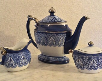 BOMBAY CHINA “TILE” 5 Pieces Set. Teapot and Lid, Sugar Bowl