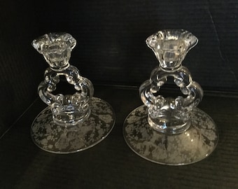 Vintage Cambridge Glass &quot;Rose Point-Clear&quot; Pattern, Set Of Two (2) Key Hole Candlesticks. Made In U.S.A. Discontinued Actual 1934-1958.