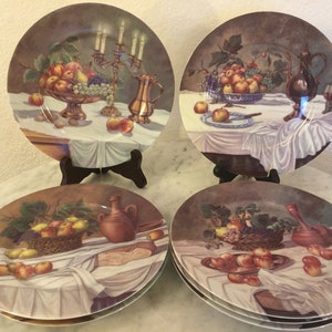 Vintage Stunning Rochard Limoges France &quot;Festive Tables&quot; Set Of 7 Dessert Plates. Festive Tables Set With Fruits And Drinks. Multicolored.