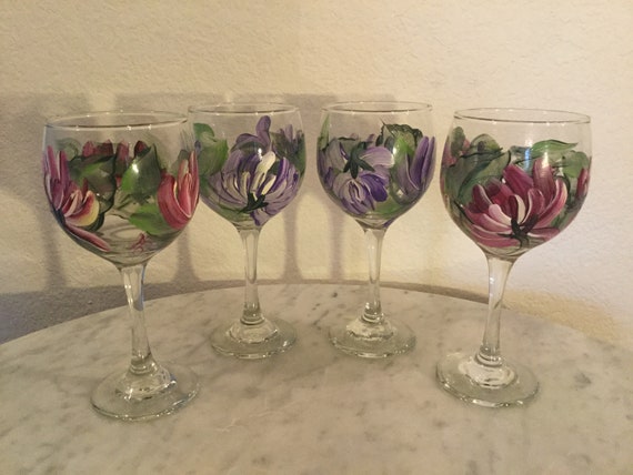 Vintage Beautiful Libbey Glassware Set Of Four (4) Wine Glasses, Multicolor Handpainted Flowers And Leaves. Made In USA. Discontinued.