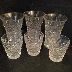 Vidrio FOSTORIA “AMERICAN CLEAR” 3 vasos de té helado antiguos y 3 planos. Tallo 2056, motivo cubo. Fabricado en EE. UU. Retirado.