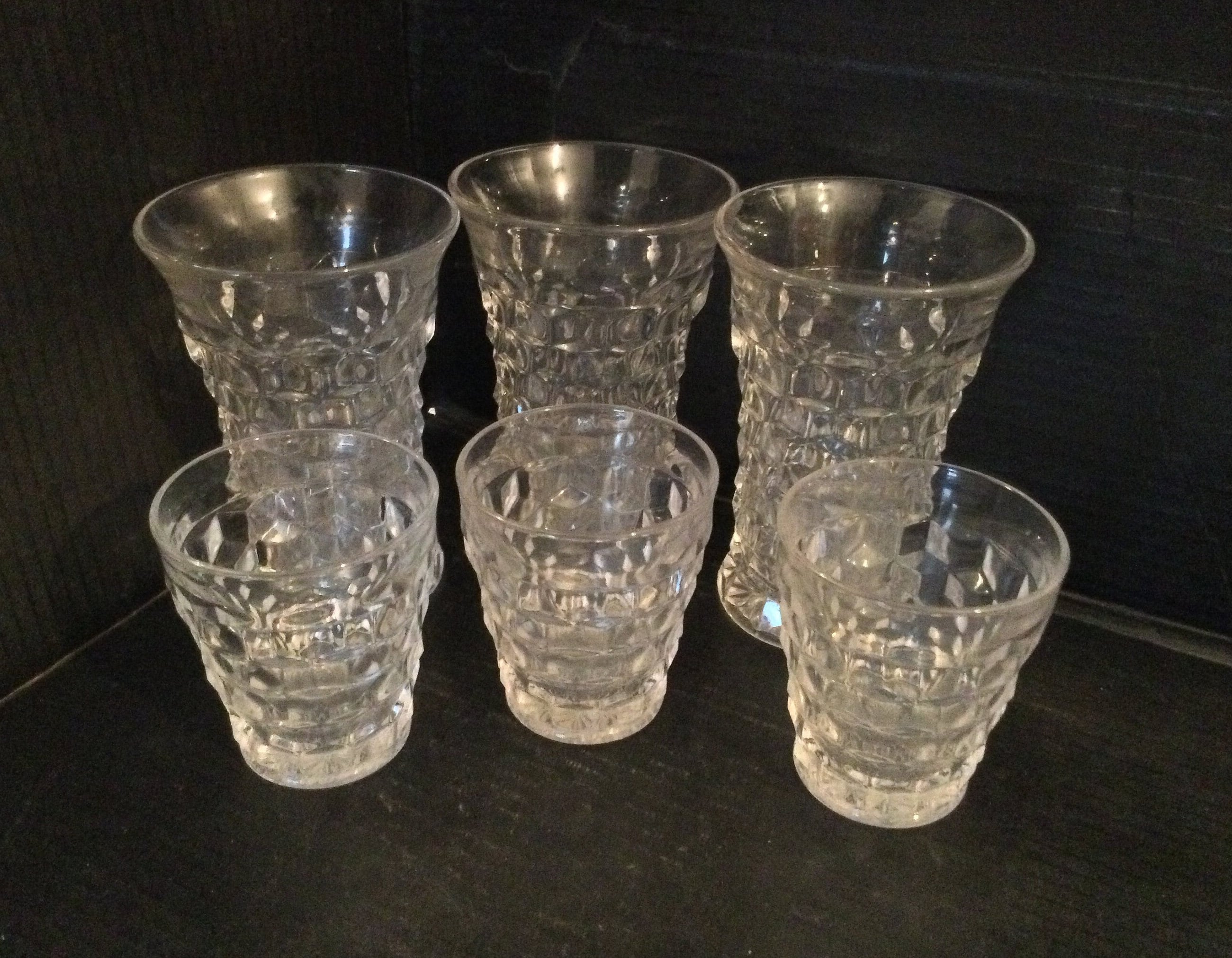FOSTORIA Glass “AMERICAN CLEAR” 3 Old Fashioned & 3 Flat Iced Tea Glasses. Stem 2056, Cube Motif. Made In U.S.A. Retired.