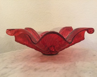 Vintage MURANO Mid Century Modern LARGE Art Glass Ruby Red Iridescent Decorative Centerpiece Bowl. Asymmetric Shape , Ribbed And Ruffled.
