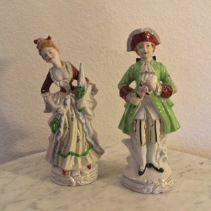 Vintage Porcelain Victorian Couple Figurines, Made In Occupied Japan. Retired. Handmade & Handpainted.