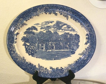 Vintage Impressive WEDGWOOD QUEEN’S WARE “Romantic England Blue” 16” Oval Serving Platter. Transferware, Blue Flowers And Scenes. Disc .