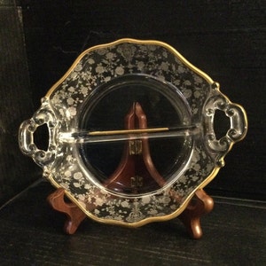 Cambridge Glass “ROSE POINT GOLD Trim” 2 Part Handled Relish Dish. Etched. Discontinued 1935-1953.