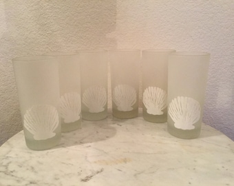 Vintage Culver Glass Ltd Set Of Six (6) Frosted, White Enameled Double Shell Motif Highball Glasses. Signed And Discontinued. Made In U.S A.