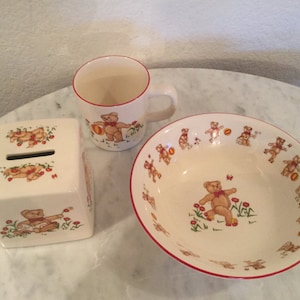 Vintage Mason&#39;s Ironstone &quot;Teddy Bears&quot; Child&#39;s Bowl, Mug, & Bank. Made In England. Discontinued. From 1984.