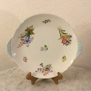 Vintage SHELLEY Fine Bone China “WILD FLOWERS” Handled Cake Plate. Flowers, Gainsborough Shape, Blue Trim. Made In England. Discontinued.