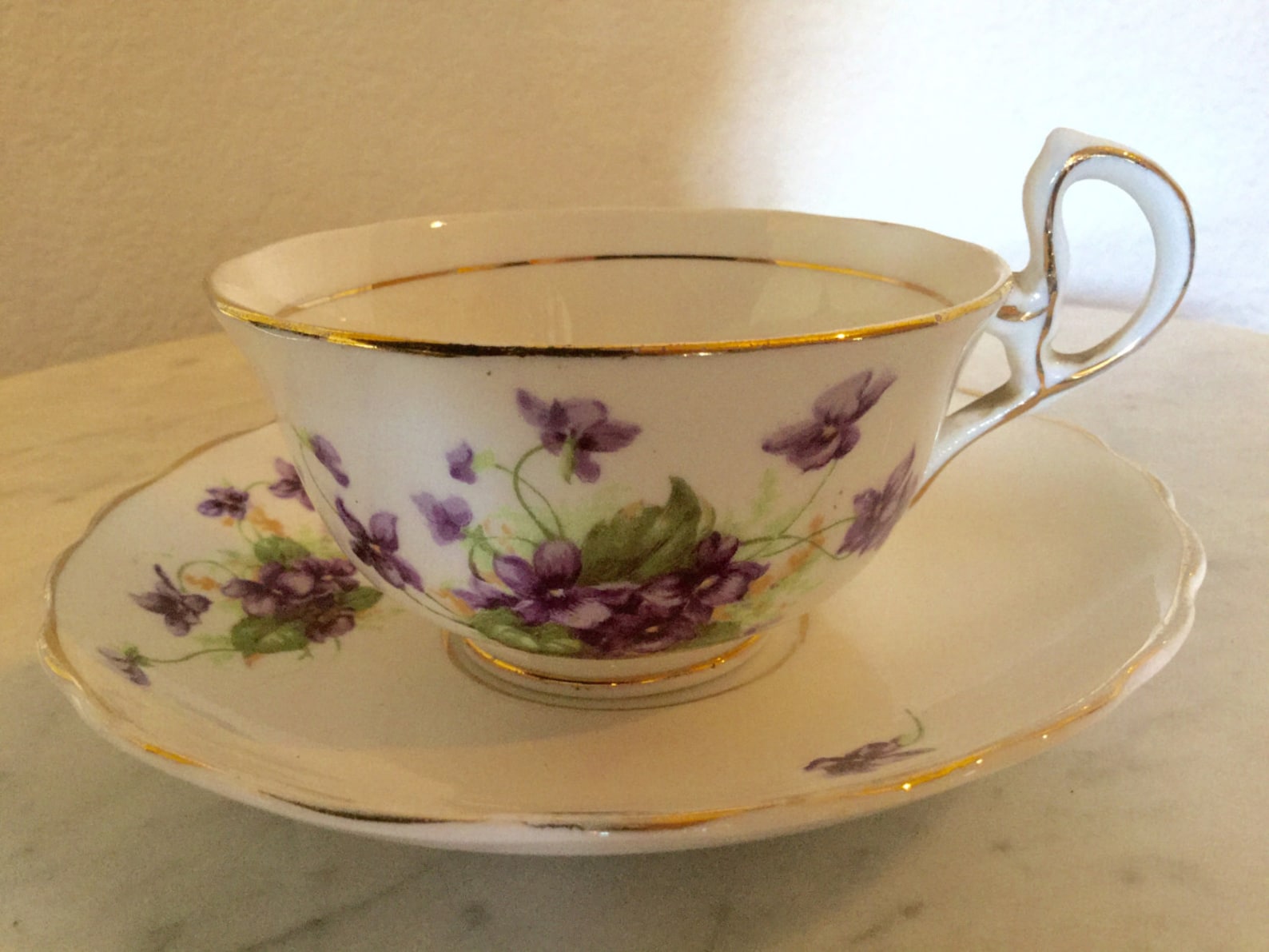Antique Woodlands Genuine Bone China, Tea Cup and Saucer Set, Made in England. Flowered and Gold