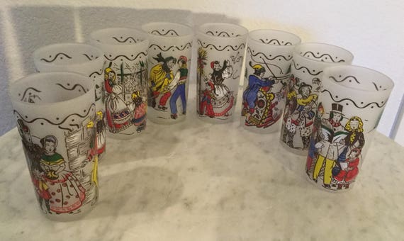 Vintage Gorgeous Federal Glass "Countries Christmas Traditions" Set Of Eight (8) Satin Frosted Handpainted Enameled Highball Glasses. Rare.