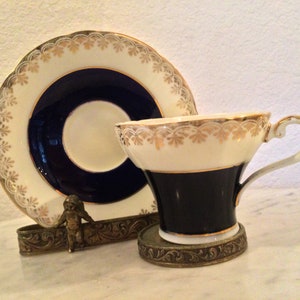 Antique AYNSLEY BONE CHINA Cup And Saucer Set. Pattern 7541. Cobalt Blue Band, Gold Filigree Rim, Gold Trim. Made In England. Retired.