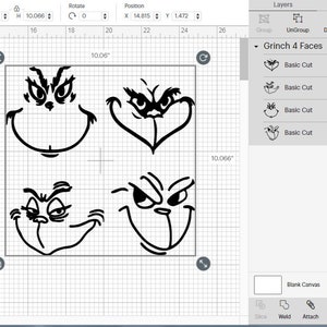 May include: A digital design featuring four different black line art faces of a character with a mischievous grin. The faces are arranged in a square, each with unique expressions. The design is approximately 10.06 inches wide and 10.066 inches high.