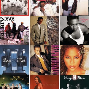 Op de afbeelding: Een verzameling albumhoezen met R&B- en popartiesten. De hoezen tonen verschillende artiesten, waaronder New Edition, Boyz II Men, Tony Braxton en Bobby Brown. De albumkunst toont portretten en groepsfoto's, met tekst en logo's.