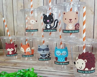 Personalized  Woodland Animals  Themed Party Cups with Lids and Straws