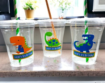 Personalized Dinosaur Themed Party Cups with Lids and Straws!