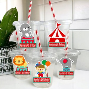 Personalized Circus Themed Party Cups with Lids and Striped Straws, County Fair Party Cups