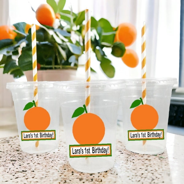 Personalized Little Cutie Themed Party Cups with Lids and Straws, Cutie Party Cups, Orange Party Cups
