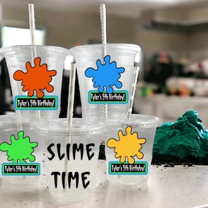 Slime Personalized Themed Party Cups with Straws and Lids, Slime Time Party Cups