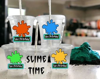 Slime Personalized Themed Party Cups with Straws and Lids, Slime Time Party Cups
