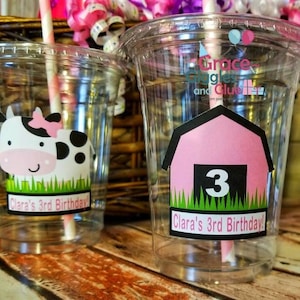 Personalized Pink Barn & Farm Animal Themed Party Cups with Straws and Lids