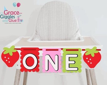 Strawberry "ONE" Highchair Banner, Smack Cake Strawberry Banner, First Birthday Banner