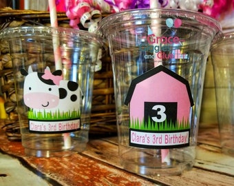 Personalized Pink Barn & Farm Animal Themed Party Cups with Straws and Lids
