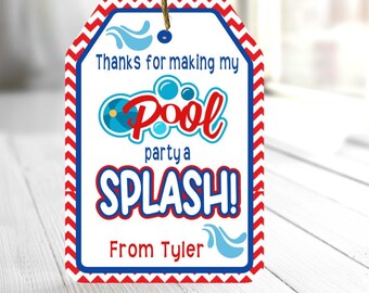 May include: White favor tag with red and blue chevron border. The tag says "Thanks for making my pool party a splash! From Tyler".