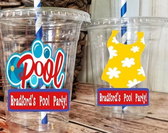 May include: Three clear plastic cups with lids and blue and white striped straws. Each cup has a different summer-themed graphic: swim trunks, the word "Pool", and a yellow swimsuit. The text "Bradford's Pool Party!" is on each cup.