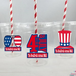 Personalized 4th of July Themed Party Cups with Straws and Lids