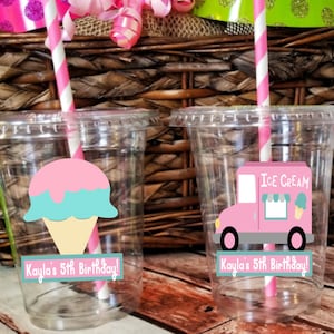 Personalized Ice Cream Themed Party Cups with Straws and Lids, Ice Cream Truck Cups