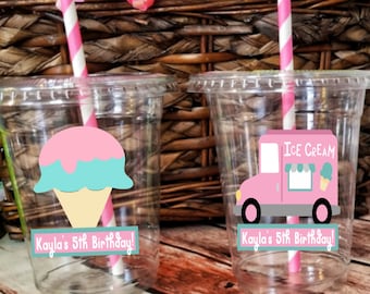 Personalized Ice Cream Themed Party Cups with Straws and Lids, Ice Cream Truck Cups