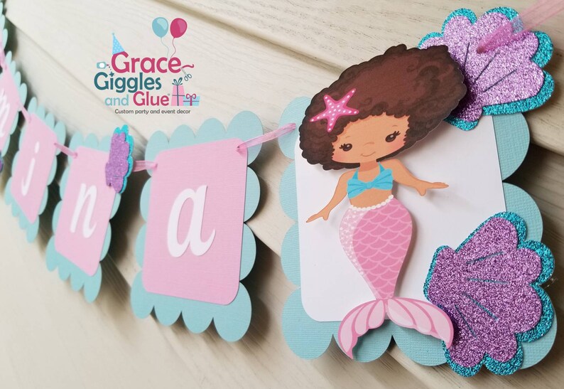 Mermaid Happy Birthday Banner Glitter African American Mermaid Themed Name Banner