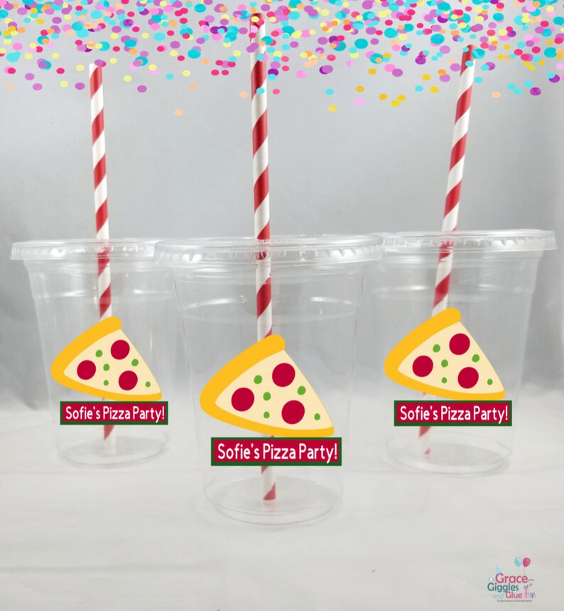 May include: Three clear plastic cups with red and white striped straws. Each cup has a sticker with a slice of pizza and the text "Sofie's Pizza Party!"