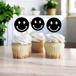 Lightning Smiley Cupcake Toppers, One Cool Dude, Smiley Face Birthday Decorations, Retro Birthday Decor, Groovy Birthday Party Supplies Boy