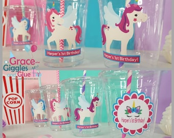 12 Personalized Unicorn Inspired Party Cups with Striped Straws and Lids