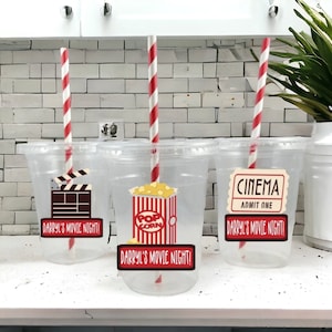 Personalized Movie Themed Party Cups with Striped Straws and Lids!, Showtime Plastic Party Cups