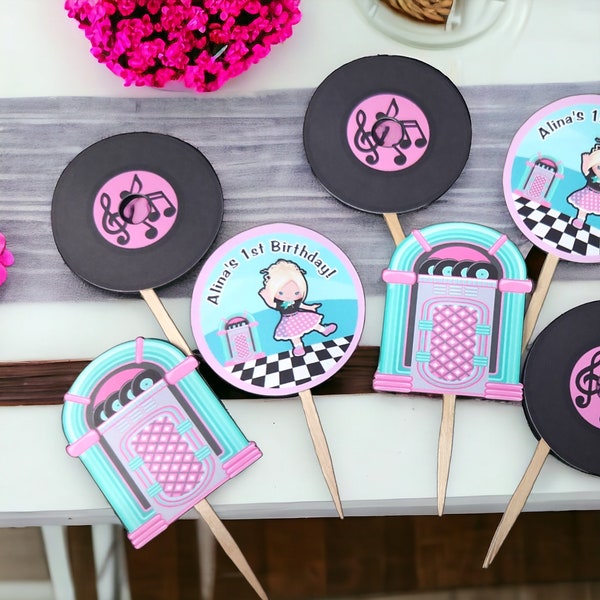 Personalized Sock Hop Themed Cupcake Toppers, 1950s Party Cupcake Toppers, African American Sock Hop Toppers