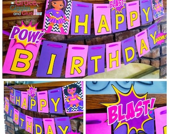 Pink Purple Superhero Themed Birthday Banner, Girl Superhero Name Banner, Superhero Happy Birthday Banner