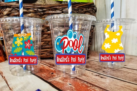 Personalized Pool Party Themed Party Cups with Straws and Lids!, Beach Party Party Cups