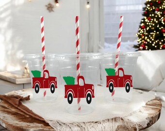 Red Christmas Truck Party Cups with Straws and Lids