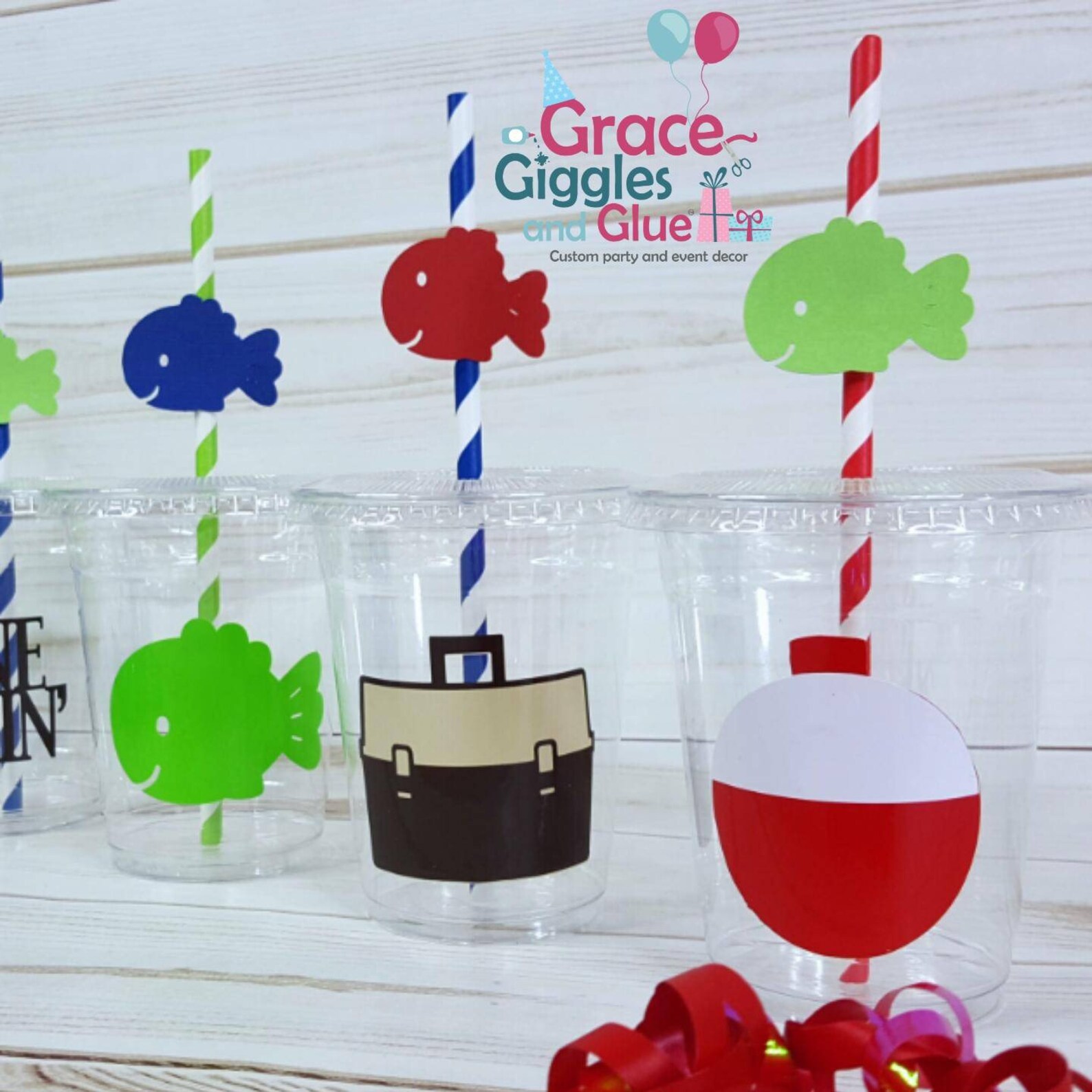 12 Fishing Cups W/ Lids and Fish Straws Etsy