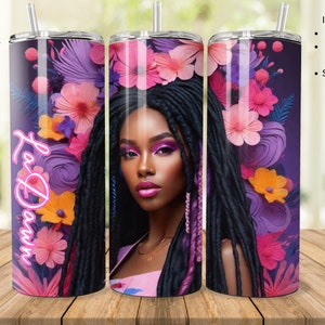 Skinny Floral Black Woman Tumbler with Straw - Floral African American Tumbler,  Party Gift