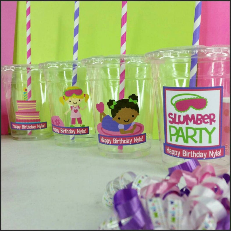 12 Personalized Slumber PartySleepover Themed Party with Straws and Lids