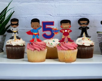 Black Superhero Themed Cupcake Toppers, African American Super Hero Toppers