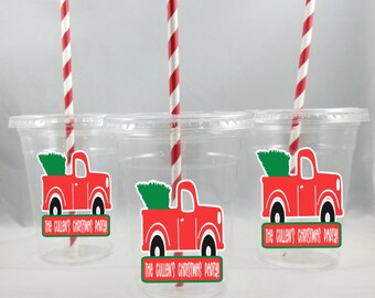 Red Christmas Truck Personalized Themed Party Cups with lids and Straws, Christmas  Party Cups