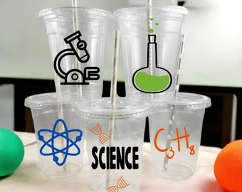 Science Themed Party Cups with lids and Straws, Science Party Cups, Scientist Graduate Cups