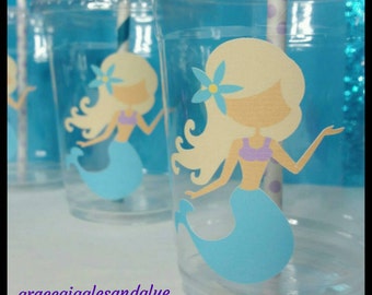 Mermaid Themed Party Cups with Lids and Striped Straws, Under the Sea Party Cups